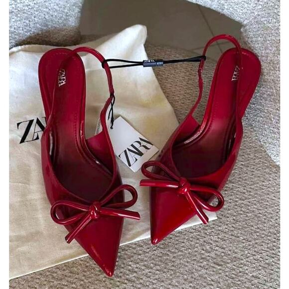 ZARA Patent Pointed Toe Slingback Heels NWT – Red Bow Pumps, Size 6.5–10 - Picture 11 of 16
